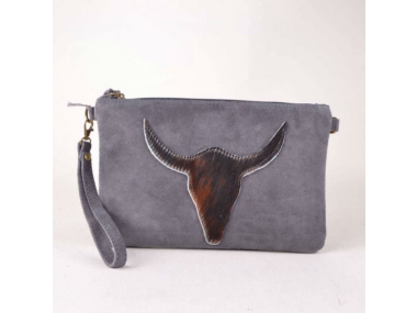 Suede Clutch met stier van koeienvacht Grijs